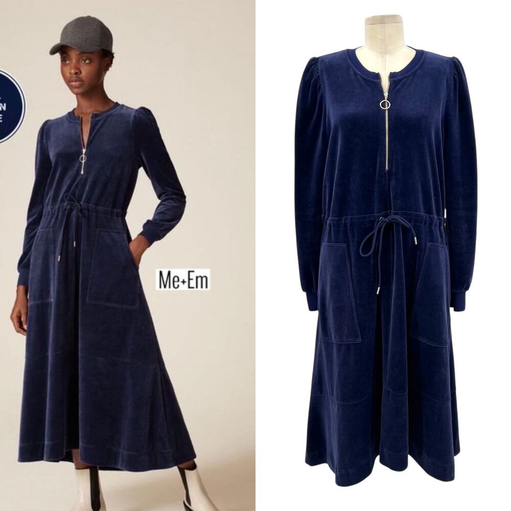 Me + Em Velour Dress Zip Front Midi Length Long Sleeve Navy Blue Size US 12